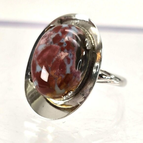 Sterling Silver Jasper Ring Cabachon Stone Hat Style Size 6.75 JJJ3779 - Picture 1 of 10